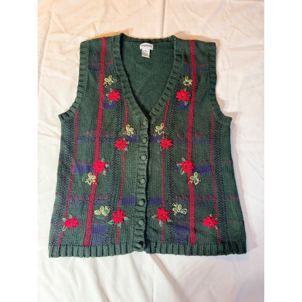 BonWorth Vintage Green Floral Embroidered Knit Sweater Vest Larege Poinsettia